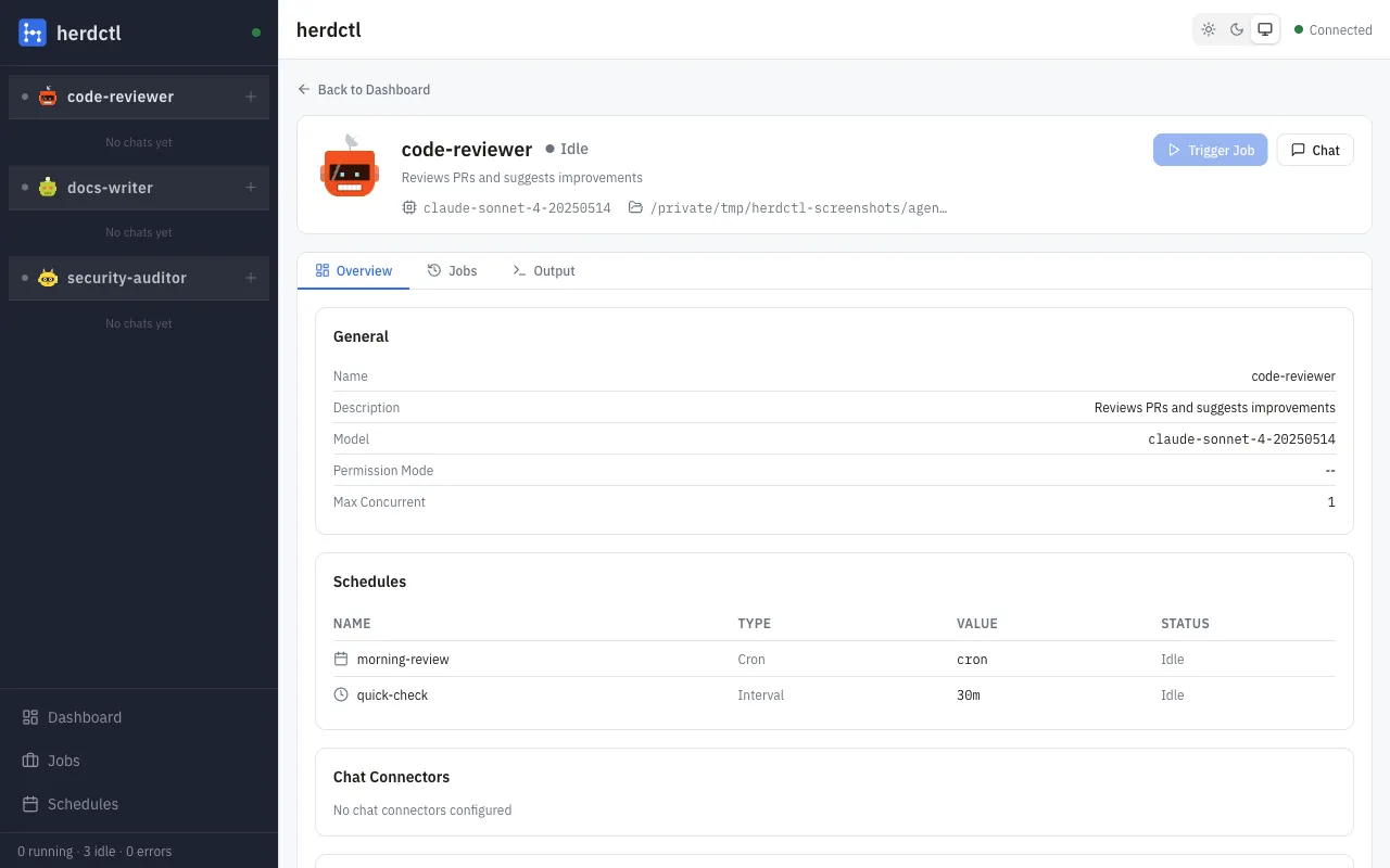 Agent detail page showing status, schedules, and job history