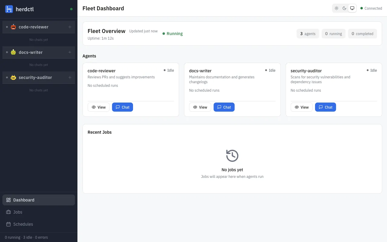 Fleet overview showing agents, status, and recent jobs